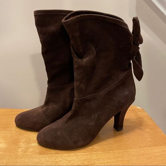 Y2K Chocolate Brown Faux Suede Heeled Sock Booties - EU 35 / US 5 - Picture 1 of 8